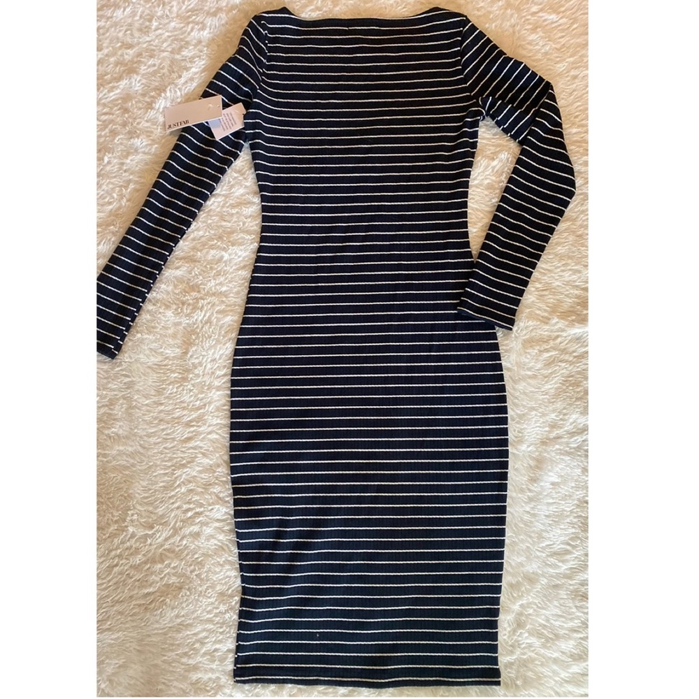 Just Fab Navy Blue and White Striped MIDI Dress